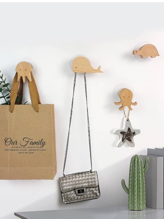 1pc Wooden Self-adhesive Hook, Creative Animal Design Wall Hook For Home