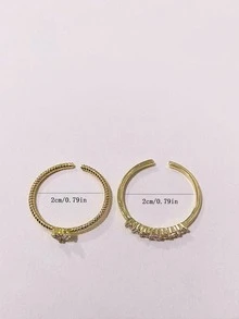 2 Piezas/set Anillo Abierto Ajustable Con Incrustación De Diamantes De Imitación Para Mujer - Amarillo Oro - Ver 6