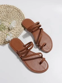 女性編織細節丁字褲度假夏天平底涼鞋 - 棕色 - 查看 5