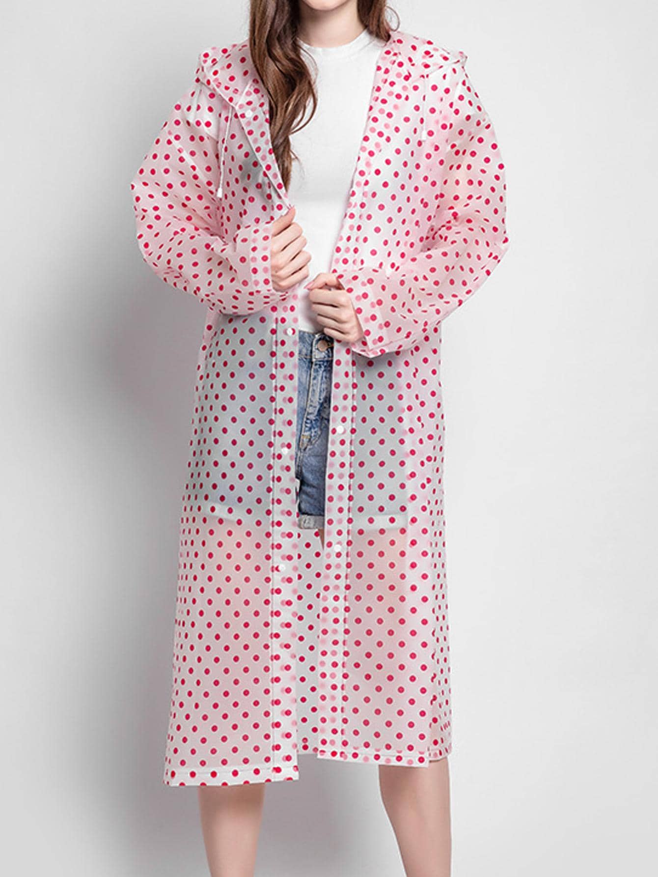 1pc EVA Raincoat, Modernist Polka Dot Waterproof Portable Hooded Rain Poncho Jacket For Outdoor Raincoat Women - Red - View 1