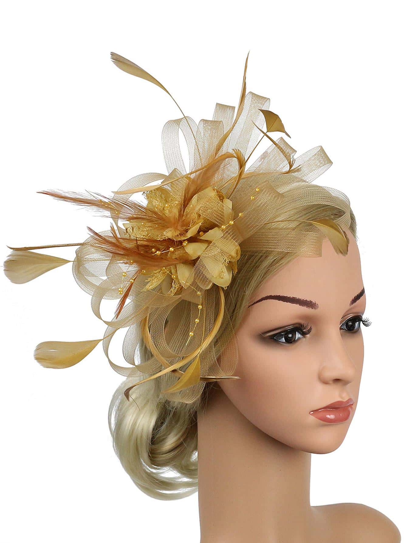 1入組女性蝴蝶結和花朵裝飾優雅髮箍適用於茶話會 - 金色 - 查看 1