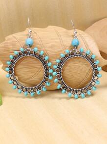 1 cặp Bông tai hình tròn kim loại màu bạc cổ điển & Bông tai mặt dây chuyền đính cườm màu xanh ngọc lam dành cho nữ, phù hợp cho tất cả các mùa, cuộc sống hàng ngày, công việc, biểu diễn sân khấu và trang phục dạo phố - Màu xanh lam - Xem 2