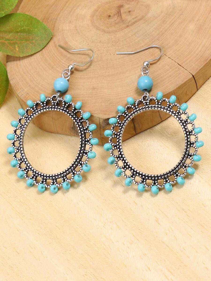 1 cặp Bông tai hình tròn kim loại màu bạc cổ điển & Bông tai mặt dây chuyền đính cườm màu xanh ngọc lam dành cho nữ, phù hợp cho tất cả các mùa, cuộc sống hàng ngày, công việc, biểu diễn sân khấu và trang phục dạo phố - Màu xanh lam - Xem 1