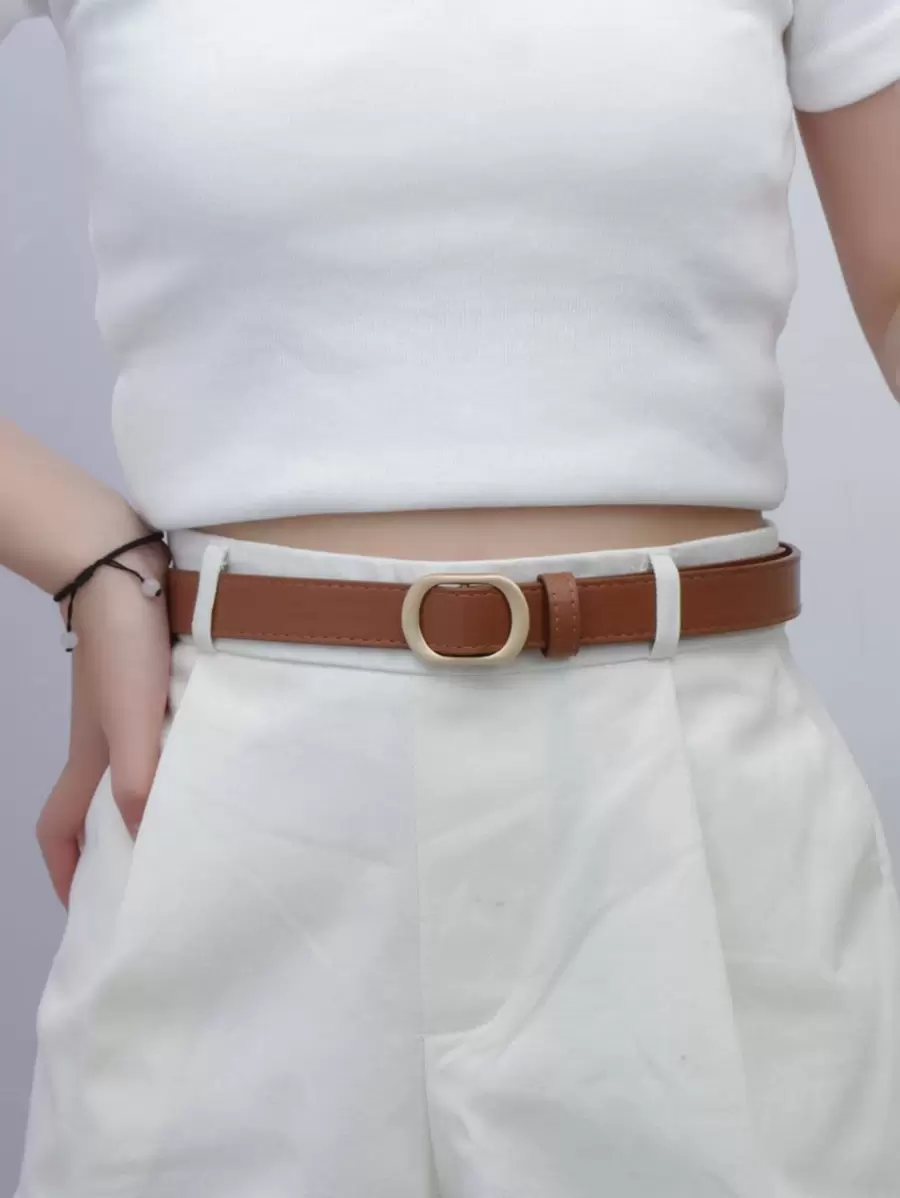 1入組女性橢圓形搭扣免打孔休閒皮帶適用於長褲裝飾用品 - 駝色 - 查看 1