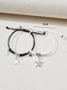 2入組/套時尚鋅合金星形墜飾細繩手鏈適用於情侶日常裝飾 - 黑與白 - 查看 4