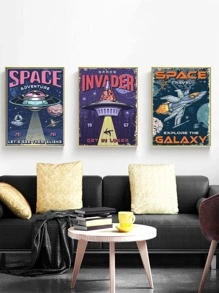 3入組化學纖維無框現代飛碟和字母圖案無框畫適用於家庭 - 彩色 - 查看 2