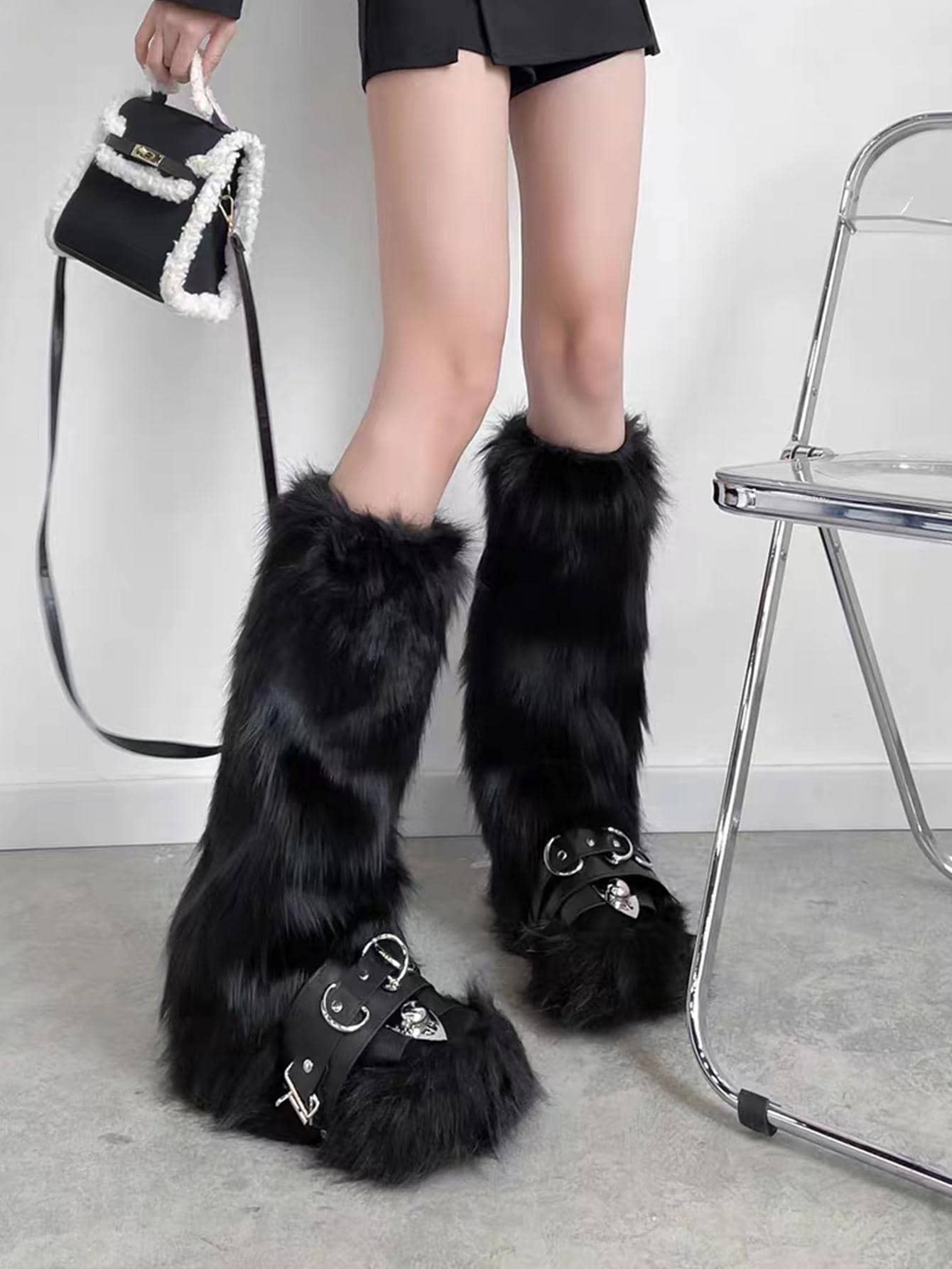 秋冬 Y2K 黑色毛绒腿套，适合偶像和时尚领袖 - 黑色 - 查看 1