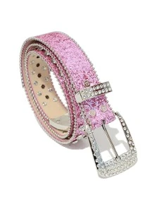 女性水鑽裝飾幾何搭扣金屬亮絲魅力四射皮帶日常裝飾 - 粉色 - 查看 2