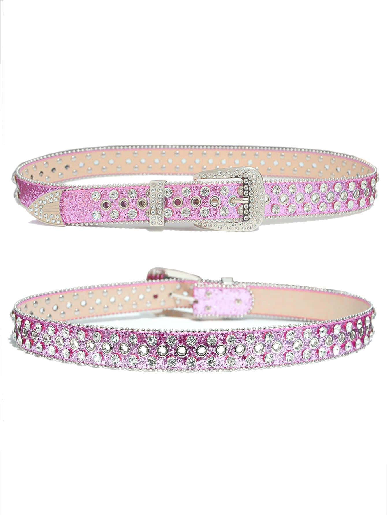 女性水鑽裝飾幾何搭扣金屬亮絲魅力四射皮帶日常裝飾 - 粉色 - 查看 1