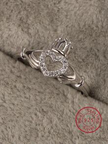1pc Fashionable Cubic Zirconia Heart & Crown Decor Silver Ring For Women For Valentine's Day Gift - Silver - View 4