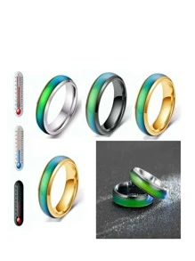 5pcs/Set Fashionable Color Changing Titanium Steel Rings, Hip Hop Punk Style Multi-Colored Ring, Romantic Heart-Shaped Mood Ring For Couples, Cool Rock & Roll Rhinestone Decor Ring, Korean Style Index Finger Ring, Perfect For Halloween And Christmas Gift, Street Style Accessory For Rock And Fashionable Person