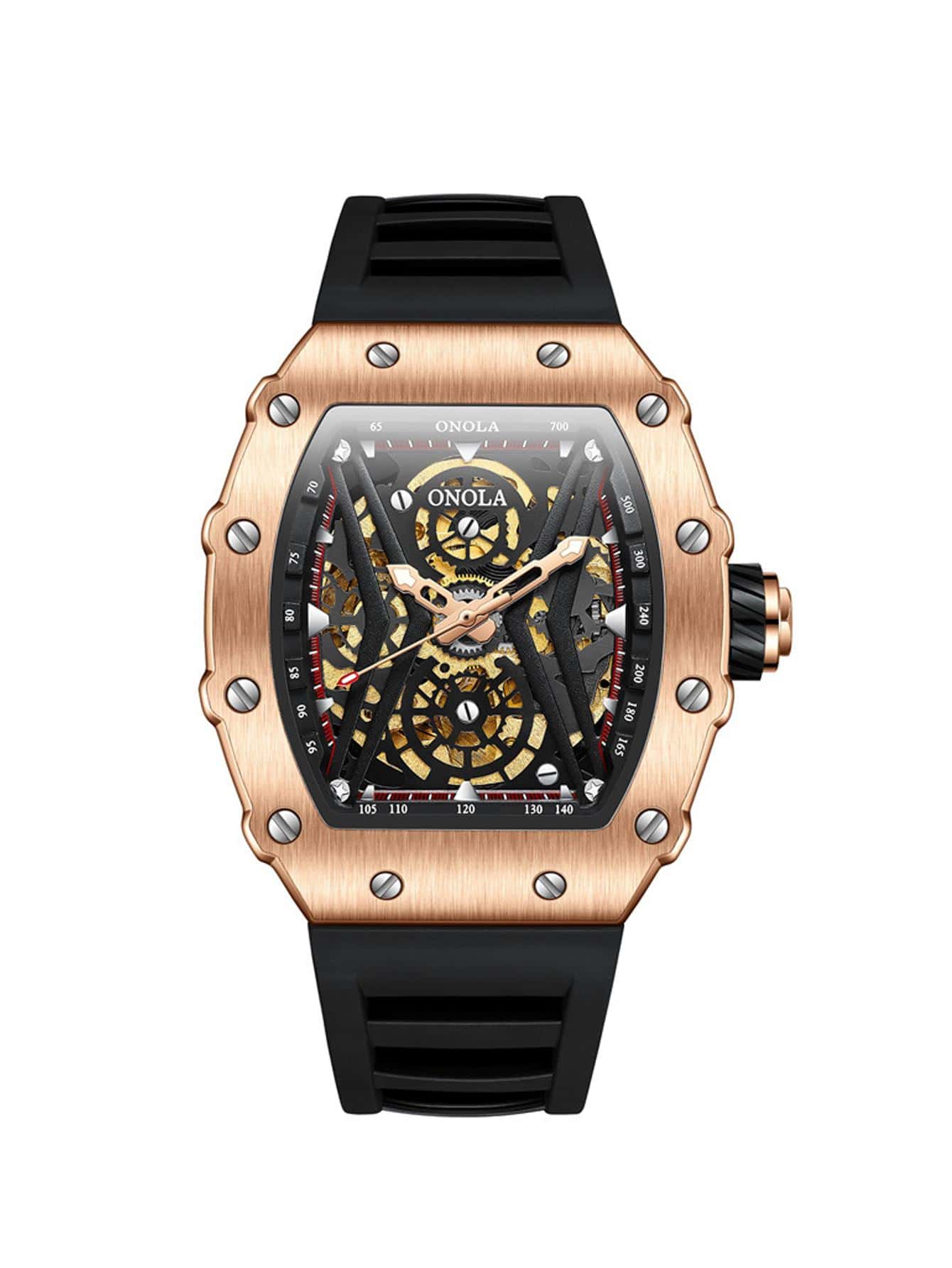 1pc Black Silicone Strap Fashionable Glow In The Dark Geometric Dial Mechanical Watch, For Daily Life - Black - View 1