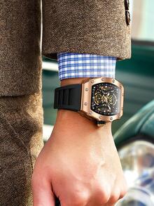 1pc Black Silicone Strap Fashionable Glow In The Dark Geometric Dial Mechanical Watch, For Daily Life - Black - View 4