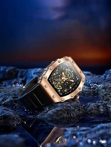 1pc Black Silicone Strap Fashionable Glow In The Dark Geometric Dial Mechanical Watch, For Daily Life - Black - View 3