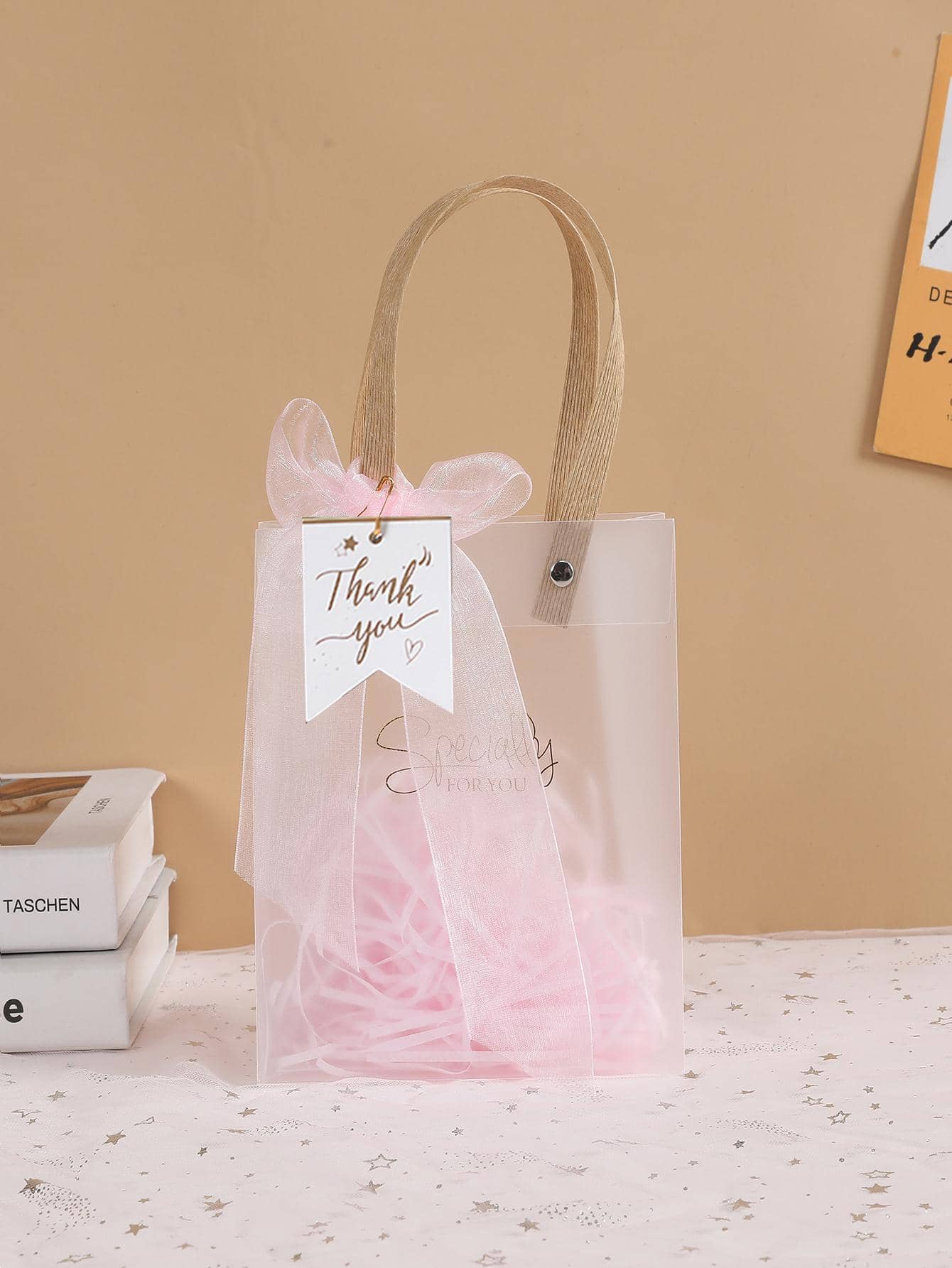 1 Túi Quà Trong Suốt Với Thẻ Quà Tặng & Chất Độn Giấy, PP Đơn Giản Trong Suốt Túi Gói Quà Cho Bữa Tiệc Sinh Nhật - Hồng - Xem 1