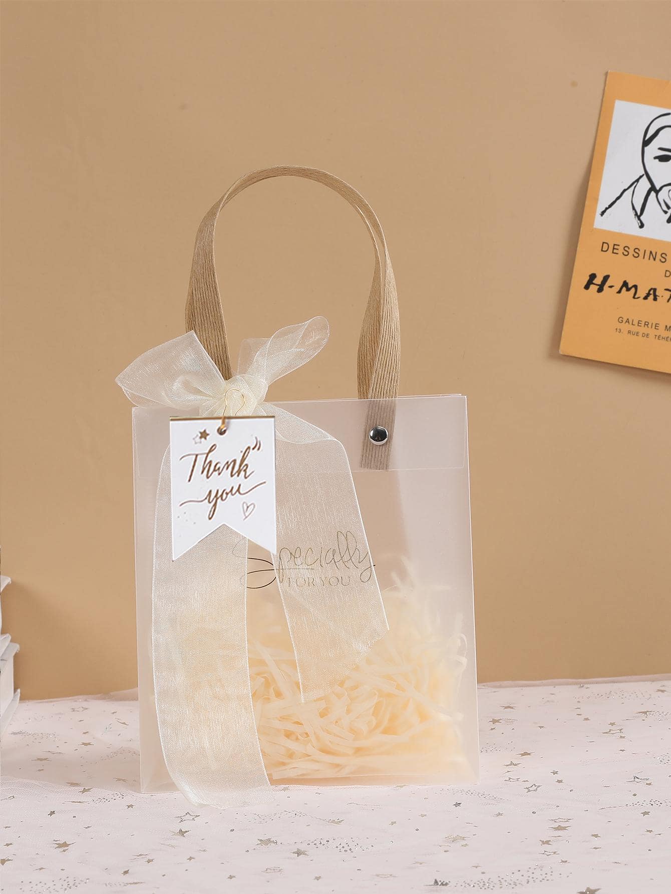 1只高級手提禮物袋,附有“謝謝”卡片,緞帶和葦草,適用於生日禮物包裝 - 香檳色 - 查看 1