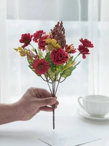 1PC Artificial Flowers Silk Hydrangea Bulbous Chrysanthemum Bouquet Valentine's Day Wedding Decoration DIY Wreath Material, Bride Holding Wrist Flower Decoration Accessories, Wedding Car Decoration, Lintel Arch Decoration, Home, Dining Room, Bedroom, Vase Decoration, Birthday Party Decoration Materials New Year Gifts - Red - View 2