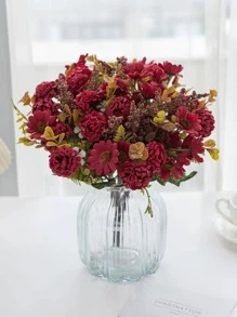 1PC Artificial Flowers Silk Hydrangea Bulbous Chrysanthemum Bouquet Valentine's Day Wedding Decoration DIY Wreath Material, Bride Holding Wrist Flower Decoration Accessories, Wedding Car Decoration, Lintel Arch Decoration, Home, Dining Room, Bedroom, Vase Decoration, Birthday Party Decoration Materials New Year Gifts - Red - View 1