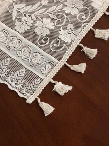 Floral Embroidered Tassel Decor Table Runner, Boho Lace Flower Design Table Runner For Dinner Table