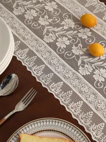 Floral Embroidered Tassel Decor Table Runner, Boho Lace Flower Design Table Runner For Dinner Table