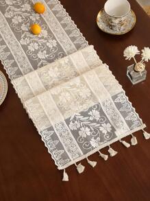 Floral Embroidered Tassel Decor Table Runner, Boho Lace Flower Design Table Runner For Dinner Table