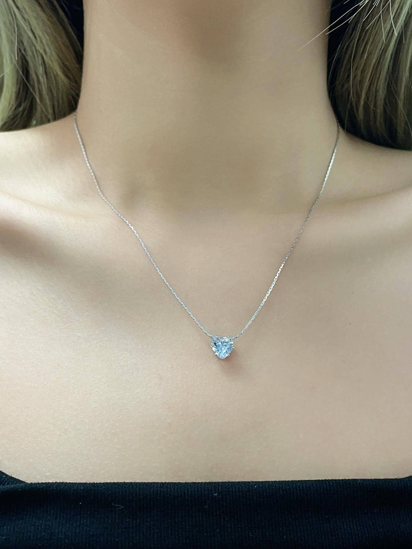 1入組簡約風心形方晶鋯石頸鏈鏈條 - 銀色 - 查看 1