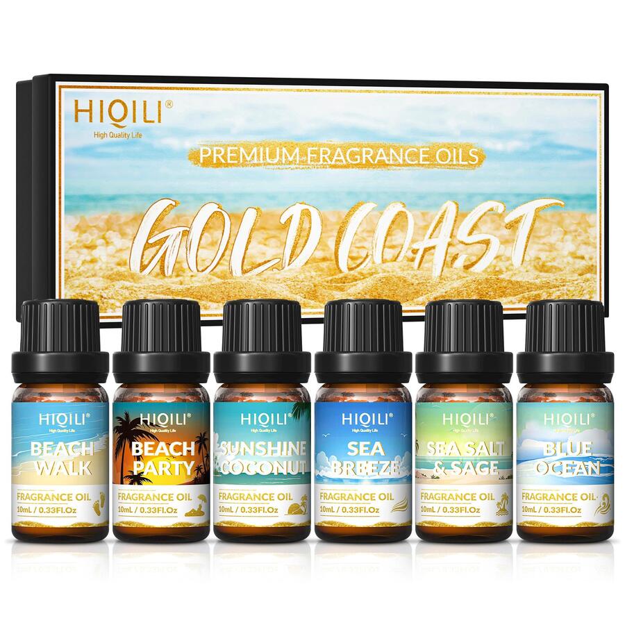 Premium 6 Fragrance Oil Set Gold Coast Diffuser Aromatherapy Lotion Candle Soap Perfume Essential Oil Gift Kit Skin Care Hair Bath Summer SPA Home Fragrance For Father's Mother's Day Valentine Sunshine Coconut,Sea Salt & Sage,Beach Party,Blue Ocean - 淺藍色 - 查看 1