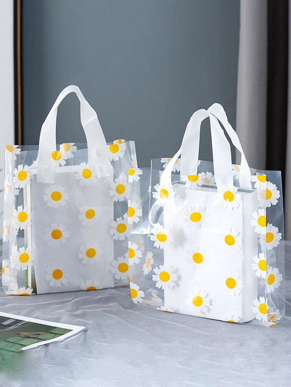 10pcs Daisy Print Gift Bag, Modern Flower Pattern Clear Gift Wrapping Bag For Party, Holiday