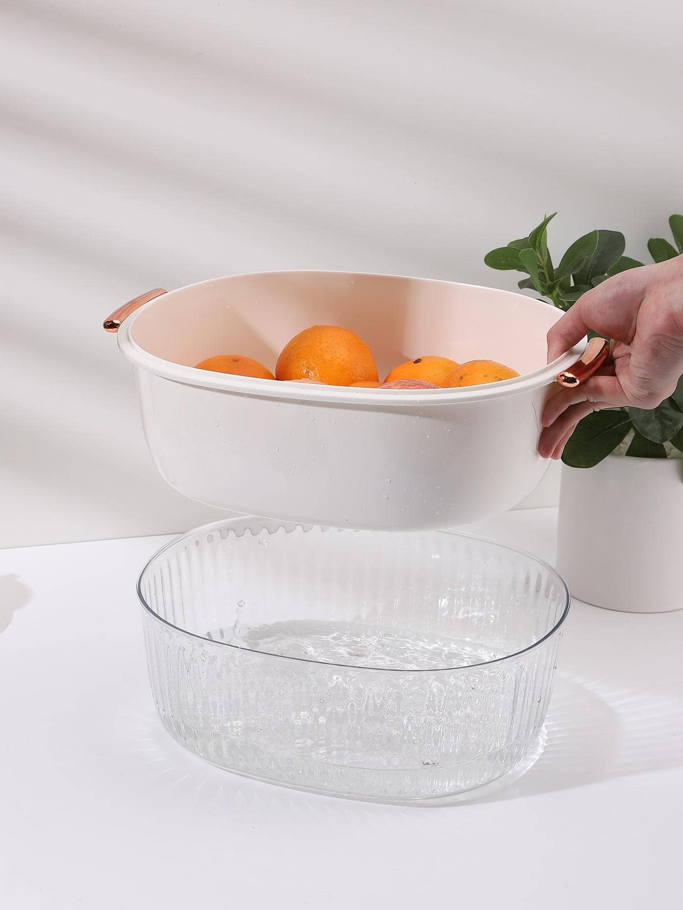 1pc PVC Drain Basket, Modern White Clear Double-layer Fruit And Vegetable Drain Basket For Kitchen - White - View 1