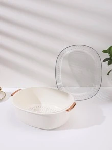 1pc PVC Drain Basket, Modern White Clear Double-layer Fruit And Vegetable Drain Basket For Kitchen - White - View 3