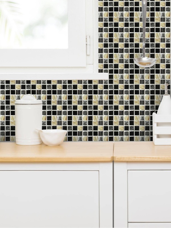 10pcs/set Mosaic Pattern Wall Tile Sticker, Modern Color Block PVC Peel