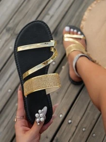 Women Metallic Rhinestone Decor Slide Sandals, Glamorous Summer Flat Sandals - Gold - View 2