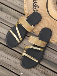 Women Metallic Rhinestone Decor Slide Sandals, Glamorous Summer Flat Sandals - Gold - View 1