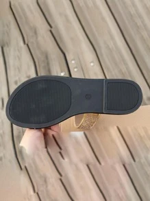 Women Metallic Rhinestone Decor Slide Sandals, Glamorous Summer Flat Sandals - Gold - View 7