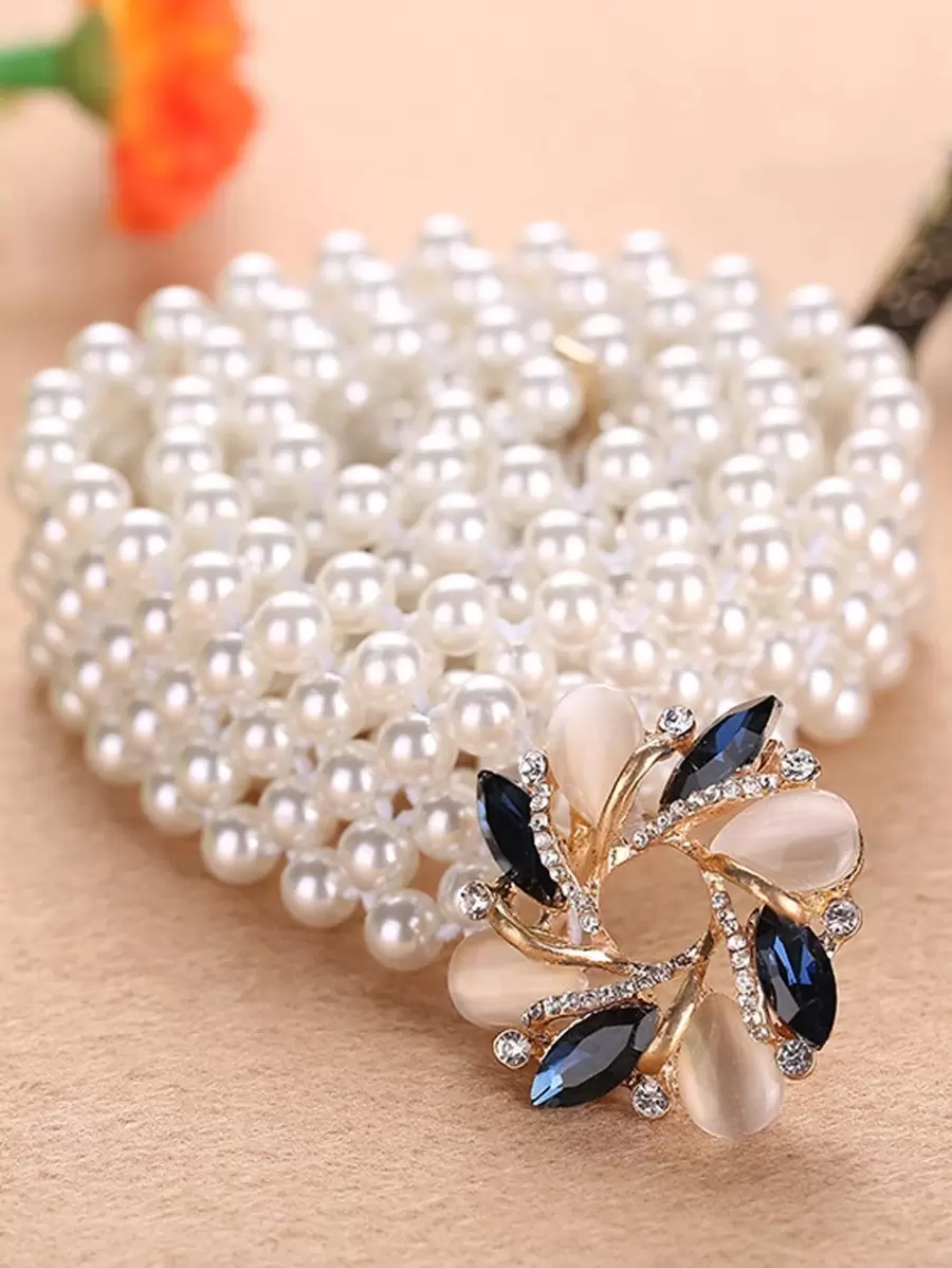 1 件优雅女士水钻装饰花扣时尚仿珍珠腰带，适合派对皇家夏季、学校秋季、秋季、万圣节的礼服装饰