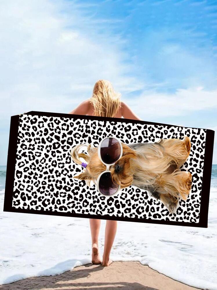 1pc Dog Pattern Beach Towel, Modern Microfiber Absorbent Swimming Towel For Outdoor - Black and White - View 2
