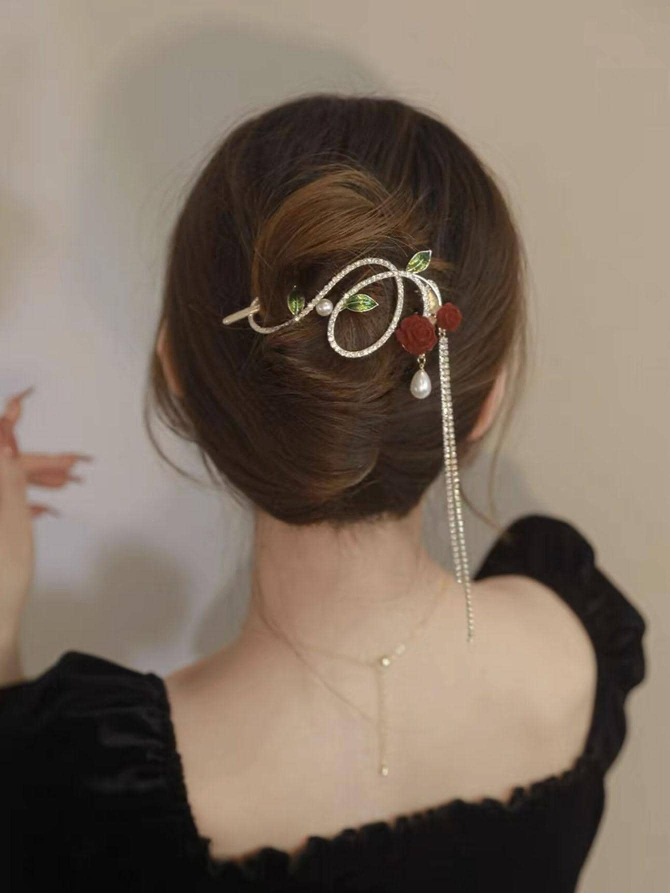 1pc Women Rhinestone & Flower Decor Fashion Hair Clip - Gold - View 1