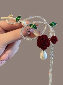 1pc Women Rhinestone & Flower Decor Fashion Hair Clip - Gold - View 2