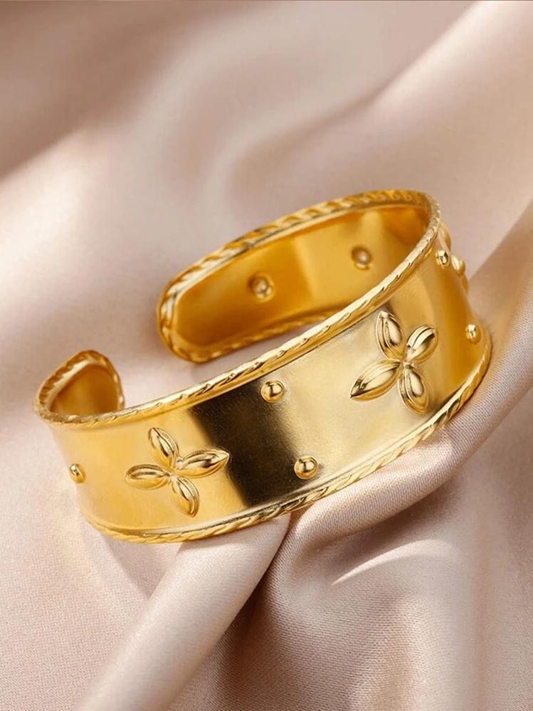 1pc Stainless Steel European & American Fashion Personalized Cross Decor Cuff Bangle C Design Simple Bangle - Yellow Gold - View 3