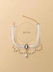 1pc Vintage White Lace Faux Pearl Decor Choker Neck Jewelry For Women - White - View 3