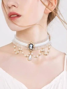 1pc Vintage White Lace Faux Pearl Decor Choker Neck Jewelry For Women - White - View 1