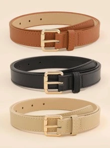 3pcs Women Black Khaki Rectangle Buckle Fashionable Belt For Daily Decoration - Multicolor - View 1