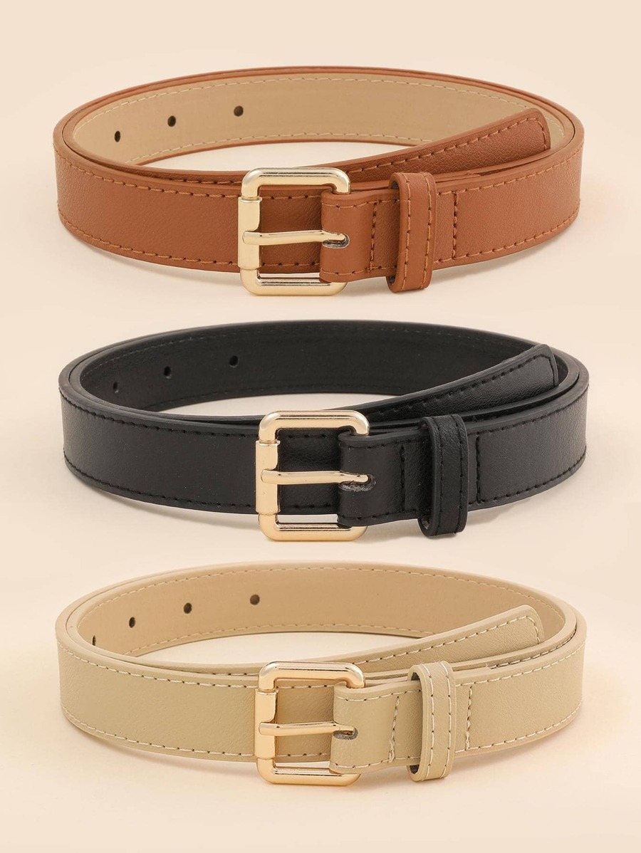 3pcs Women Black Khaki Rectangle Buckle Fashionable Belt For Daily Decoration - Multicolor - View 1
