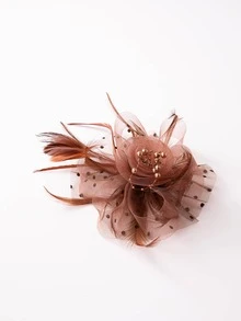 1入組女性波卡圓點蝴蝶結網紗和花朵裝飾時尚鴨嘴夾和1入組素色髮箍適用於頭髮裝飾用品 - 卡其色 - 查看 5