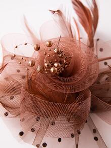 1入組女性波卡圓點蝴蝶結網紗和花朵裝飾時尚鴨嘴夾和1入組素色髮箍適用於頭髮裝飾用品 - 卡其色 - 查看 7