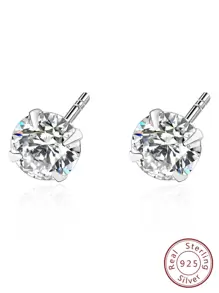 Classic Simple Diamond Stud Luxurious 925 Silver Earrings - Silver - View 1