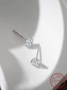 Classic Simple Diamond Stud Luxurious 925 Silver Earrings - Silver - View 6