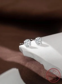 Classic Simple Diamond Stud Luxurious 925 Silver Earrings - Silver - View 7