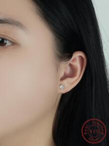 Classic Simple Diamond Stud Luxurious 925 Silver Earrings - Silver - View 3