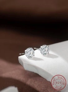 Classic Simple Diamond Stud Luxurious 925 Silver Earrings - Silver - View 4